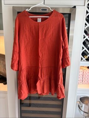 Match Point USA Linen Tiered Tunic Top Rust Orange Boho Bell Sleeves Sz Medium